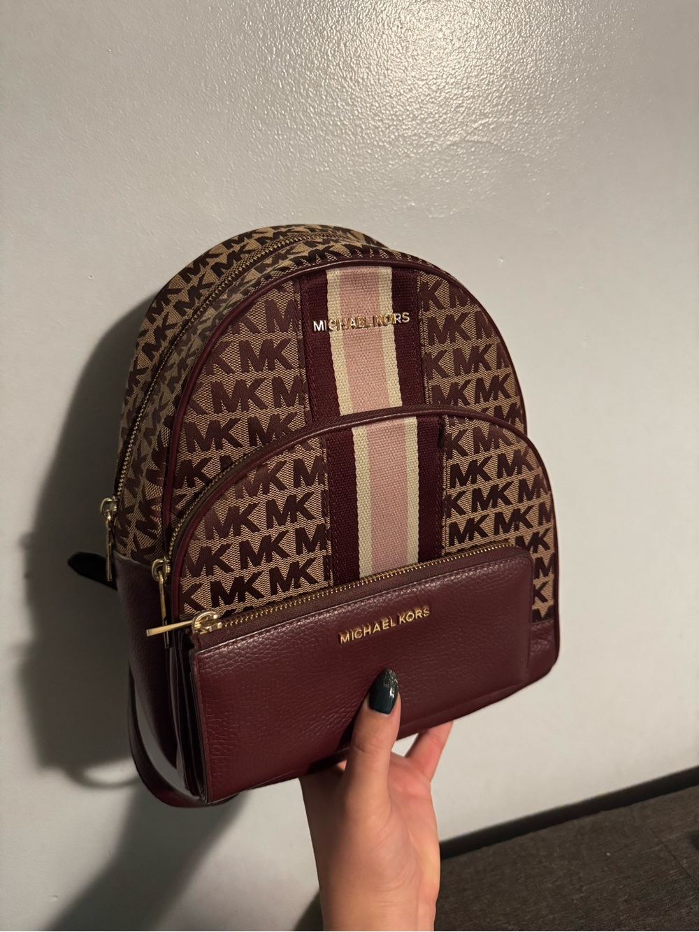 Michael Kors Burgundy MK Logo Mini Backpack w Matching Wallet